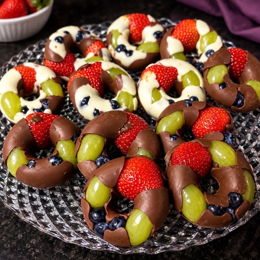 Prato de cristal com seleção de Fruit Donuts gourmet com morango, uva verde, mirtilo e chocolate nobre