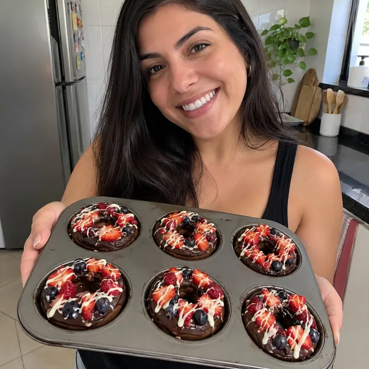 Aluna do método segurando fôrma com Fruit Donuts prontos e desenformados