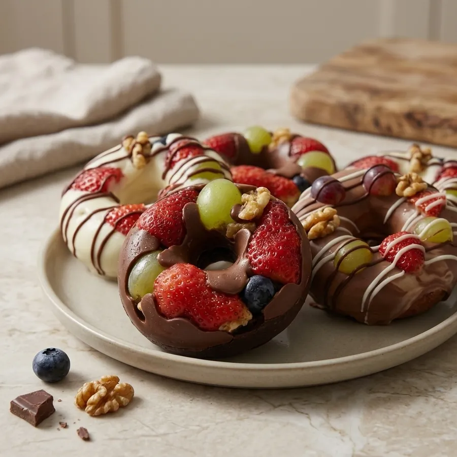 Composição de Fruit Donuts gourmet em prato decorado com chocolate e nozes