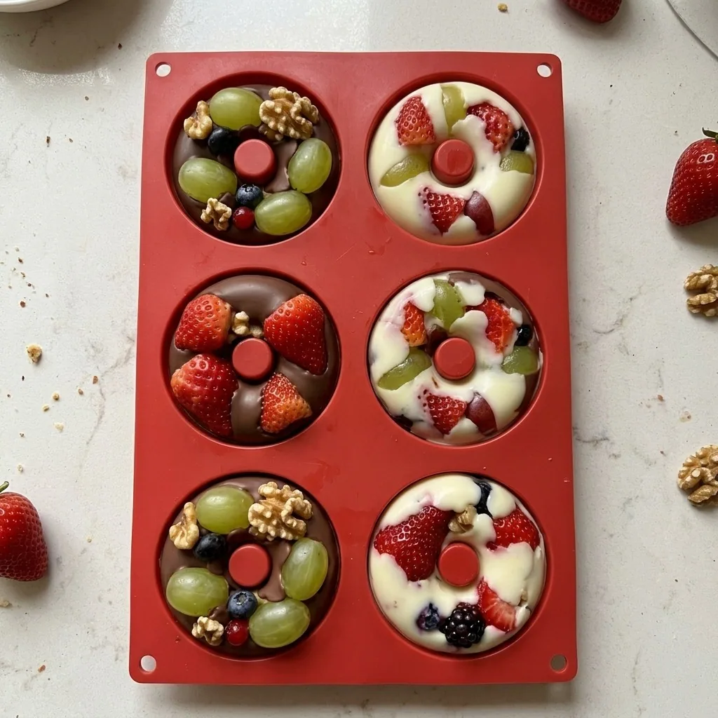 Fôrma de silicone vermelha com 6 Fruit Donuts sendo preparados com frutas frescas e chocolate
