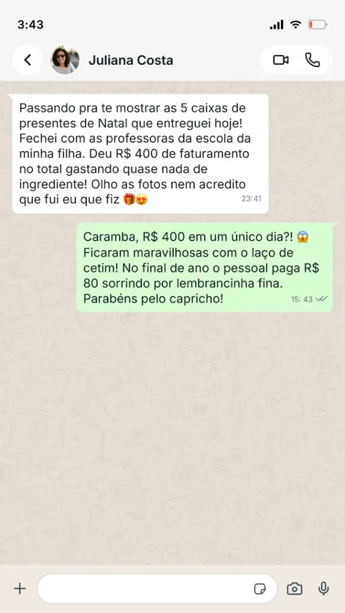 Juliana Costa relatando R$ 400 em 5 caixas de presentes de Natal no WhatsApp