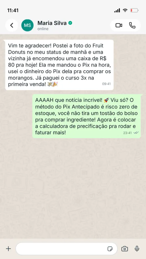 Maria Silva recebendo Pix de R$ 80 por encomenda no status do WhatsApp